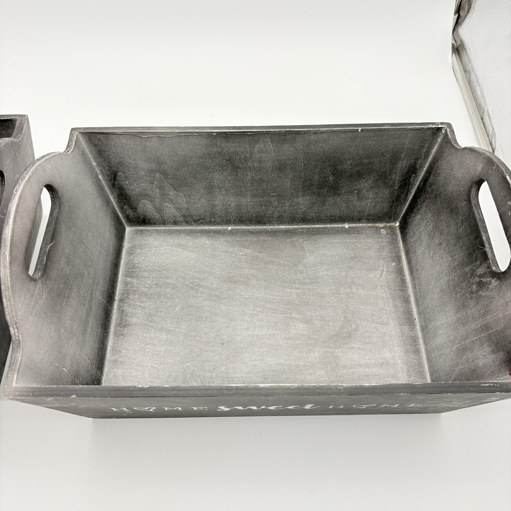 Gray Rectangular Wood Storage Baskets Set Of 2 Home Sweet Home Farmhouse Decor - Picture 3 of 4